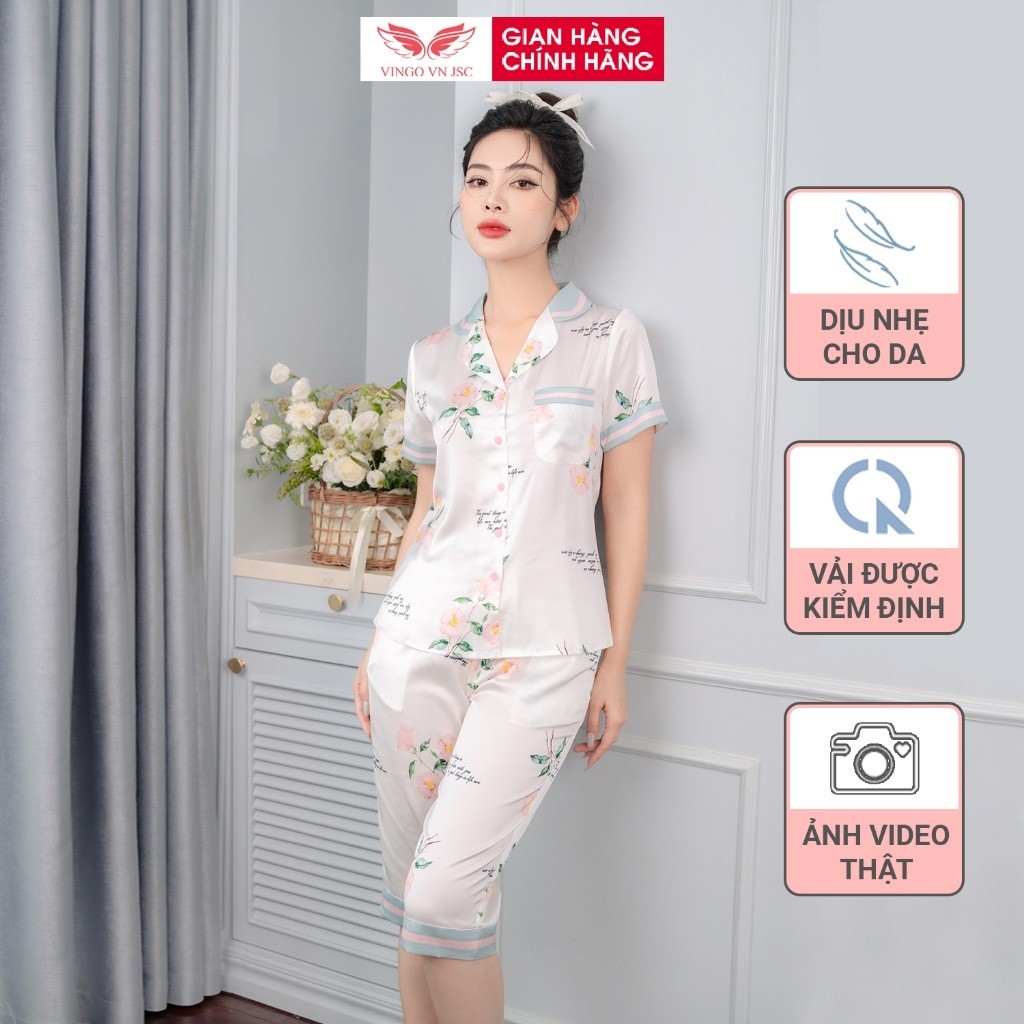 Đồ bộ mặc nhà Pijama lụa cao cấp mùa Hè VINGO tay ngắn quần lửng hoa hồng Pháp thanh lịch H991 VNGO