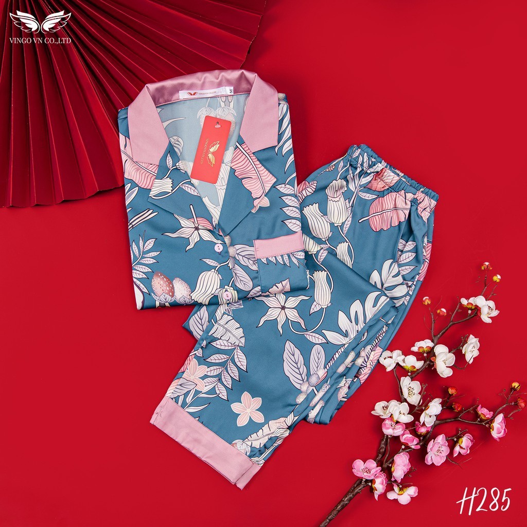 Đồ bộ mặc nhà Pijama lụa cao cấp VINGO tay dài quần dài hoạ tiết Tropical màu xanh mặc mùa Hè H285 VNGO