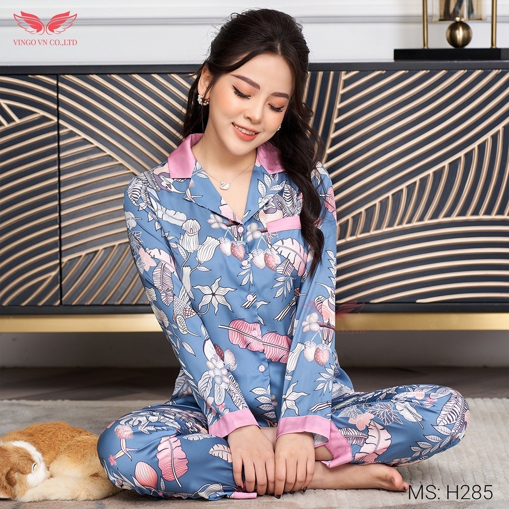 Đồ bộ mặc nhà Pijama lụa cao cấp VINGO tay dài quần dài hoạ tiết Tropical màu xanh mặc mùa Hè H285 VNGO