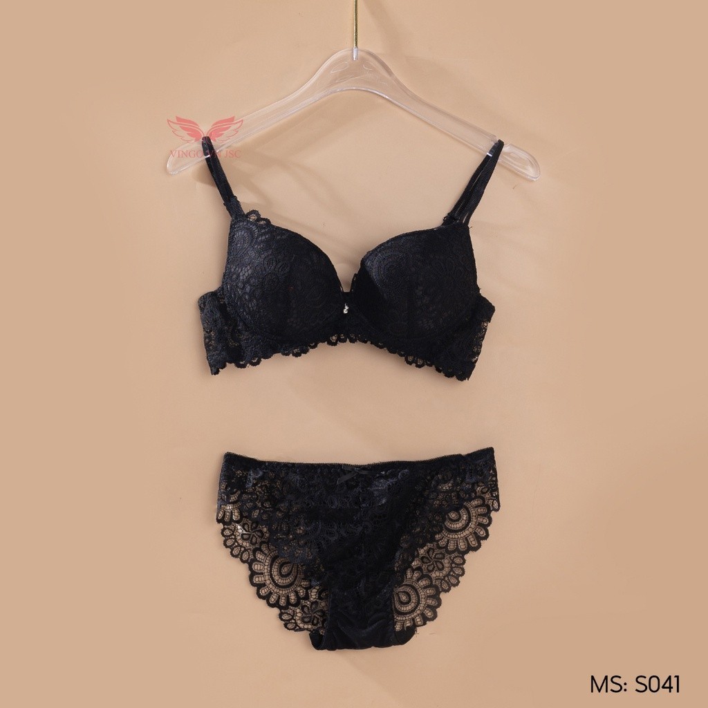 Bộ đồ lót nữ nâng ngực ren sexy VINGO áo ngực đệm dày 2.5cm và quần lót ren quyến rũ S041 VNGO