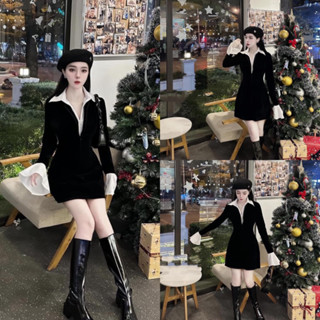 (FreeShip) Váy Nhung Khóa Lồng Phối Cổ Sơ Mi, Thiết Kế Tay Loe Siêu Xinh