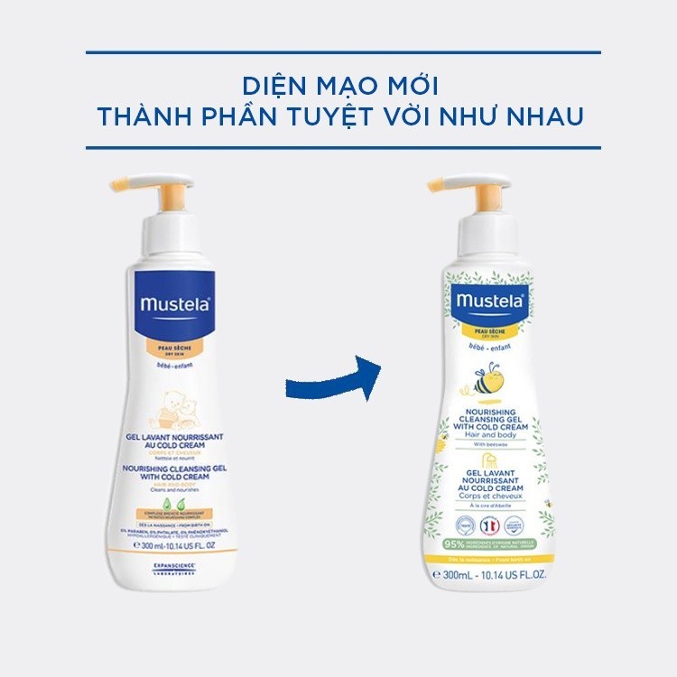 Gel Tắm Cho Trẻ Sơ Sinh & Em Bé Da Khô Nourishing Cleansing Gel with Cold Cream Mustela 300ml