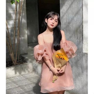 Váy trễ vai tay bồng có dây điều chỉnh độ dài váy trắng trễ vai tay bồng dự tiệc màu Hồng san hô vải organza may kĩ