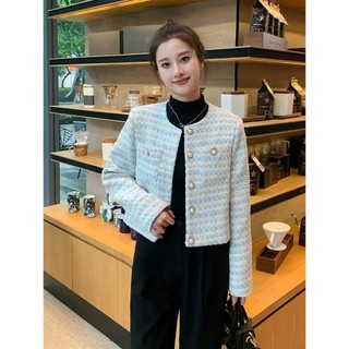 Áo dạ tweed xanh cổ tròn Áo dạ dáng ngắn hàng Quảng Châu cao cấp