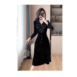 [260224] HÀNG NHẬP - ĐẦM XOÈ NHUNG KIM TUYÊN PHỐI NƠ VIỀN ĐÁ TẶNG HOA TAI