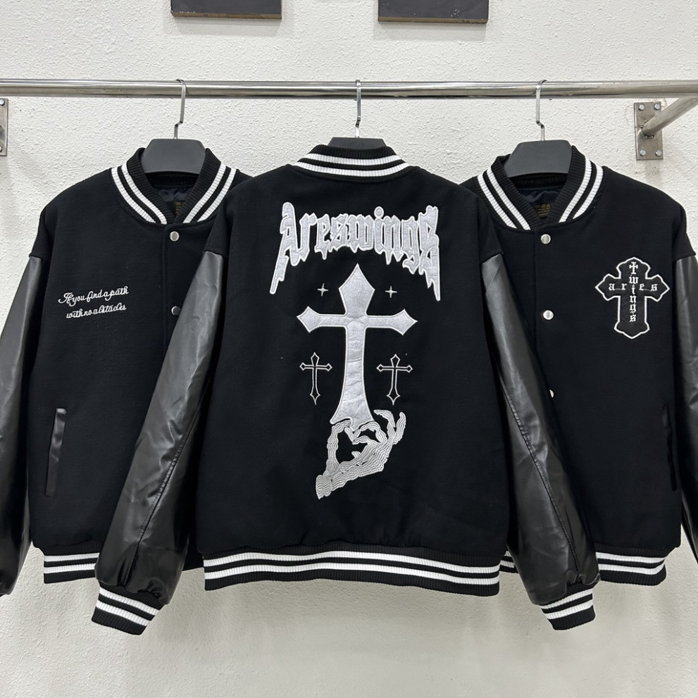 🔥Hot🔥 Áo Khoác varsity Thêu chữ thập vintage chất dạ 2 lớp áo bomber phối tay da Pu thời thượng Kun Shop Unisex L09