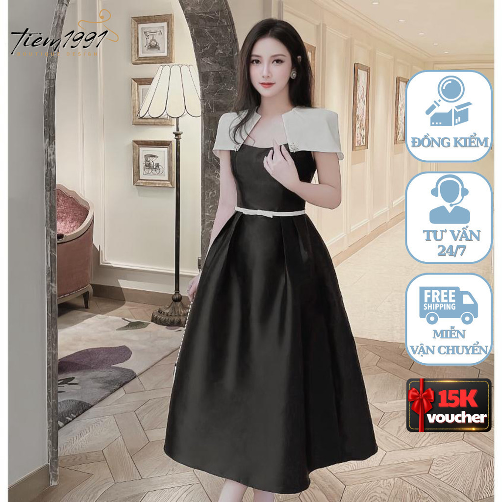 Đầm tafta tiểu thư dáng dài váy thiết kế xếp ly xòe cao cấp VTT071