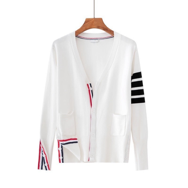 🔥Hot🔥 Áo khoác cardigan giới tính Thom Browne dập 4 sọc tay trắng phối thêu vạch màu viền áo chất len cứng cáp trang đ
