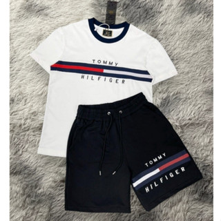 Bộ Cộc Nam TOMMY Trắng Đen , Bộ Quần Áo Mùa Hè Phối Họa Tiết TOMMY Phong Cách Boy Phố Chất Cotton