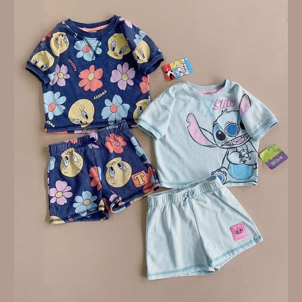 Bộ cộc bé gái Disney STITCH vài nỉ da cá mềm mát size từ 1 đến 4 tuổi