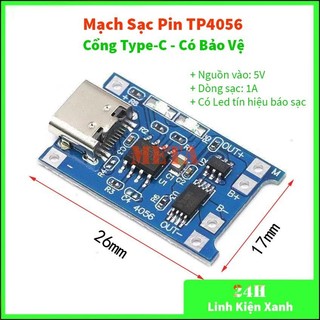 Mạch sạc pin tp4056 cổng type-c usb có bảo vệ - mạch sạc pin lithium - li-ion - 18650 tp4056