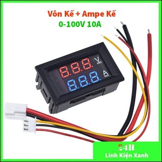 Đồng hồ dc đo vôn kế và ampe kế điện tử 0-100v 10a - 2 dòng led hiển thị xanh đỏ
