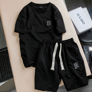 Bộ Cộc Xốp Vân Nổi Royal Bộ quần áo tay ngắn dáng rộng thời trang Phối Dây Rút bản to Thời Trang Unisex