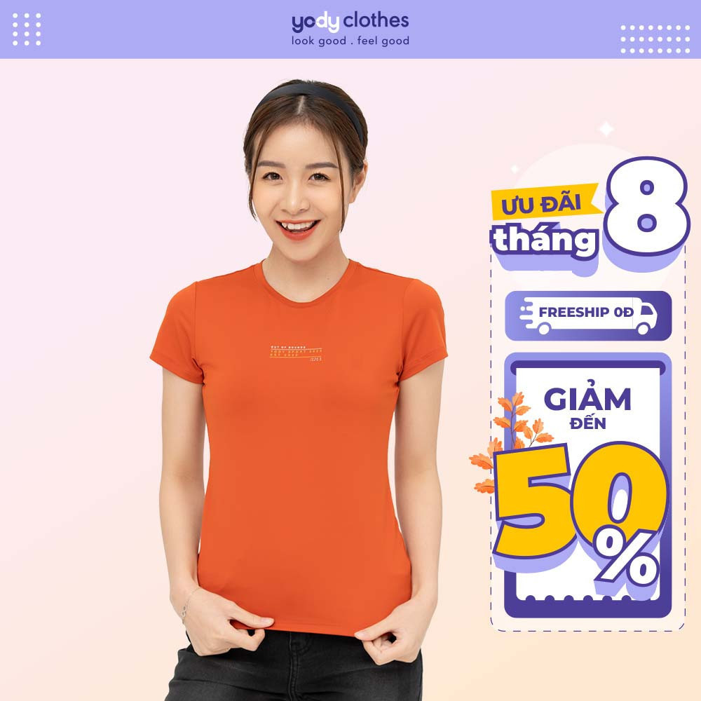 Áo thun thể thao nữ YODY in chữ tập gym cổ tròn ngắn tay T-shirt Thể Thao Nữ Out Of Bounds STN6038