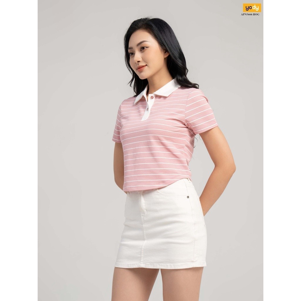 Áo thun polo nữ mắt chim YODYdáng croptop kẻ ngang thời trang công sở cao cấp APN5444