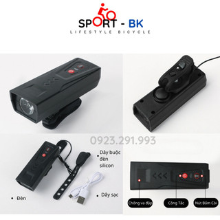 (Sale) Đèn xe đạp điện Thể Siêu Sáng Có Còi Sạc Pin USB LED T6 chống thấm nước  XLT-105 2 trong một - BK16