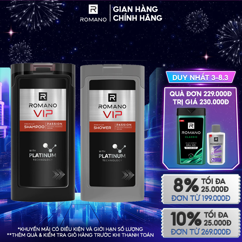 Combo Dầu gội và Sữa tắm cao cấp Romano Vip Passion mạnh mẽ bí ẩn 180g/chai