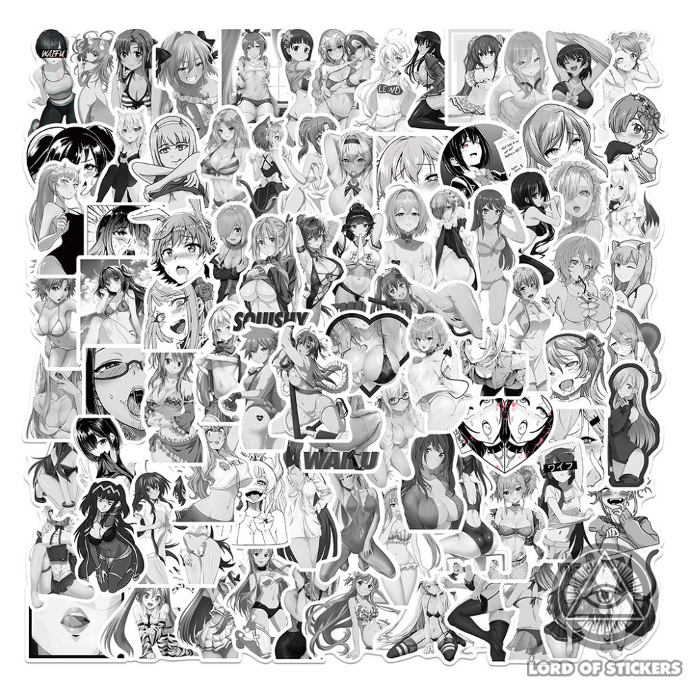 Set 100 Nhãn Dán Hình Ahegao Waifu Đen Trắng Hentai Ecchi Anime Girl Sticker Chống Thấm Nước Dán Mũ Bảo Hiểm, Laptop, Xe