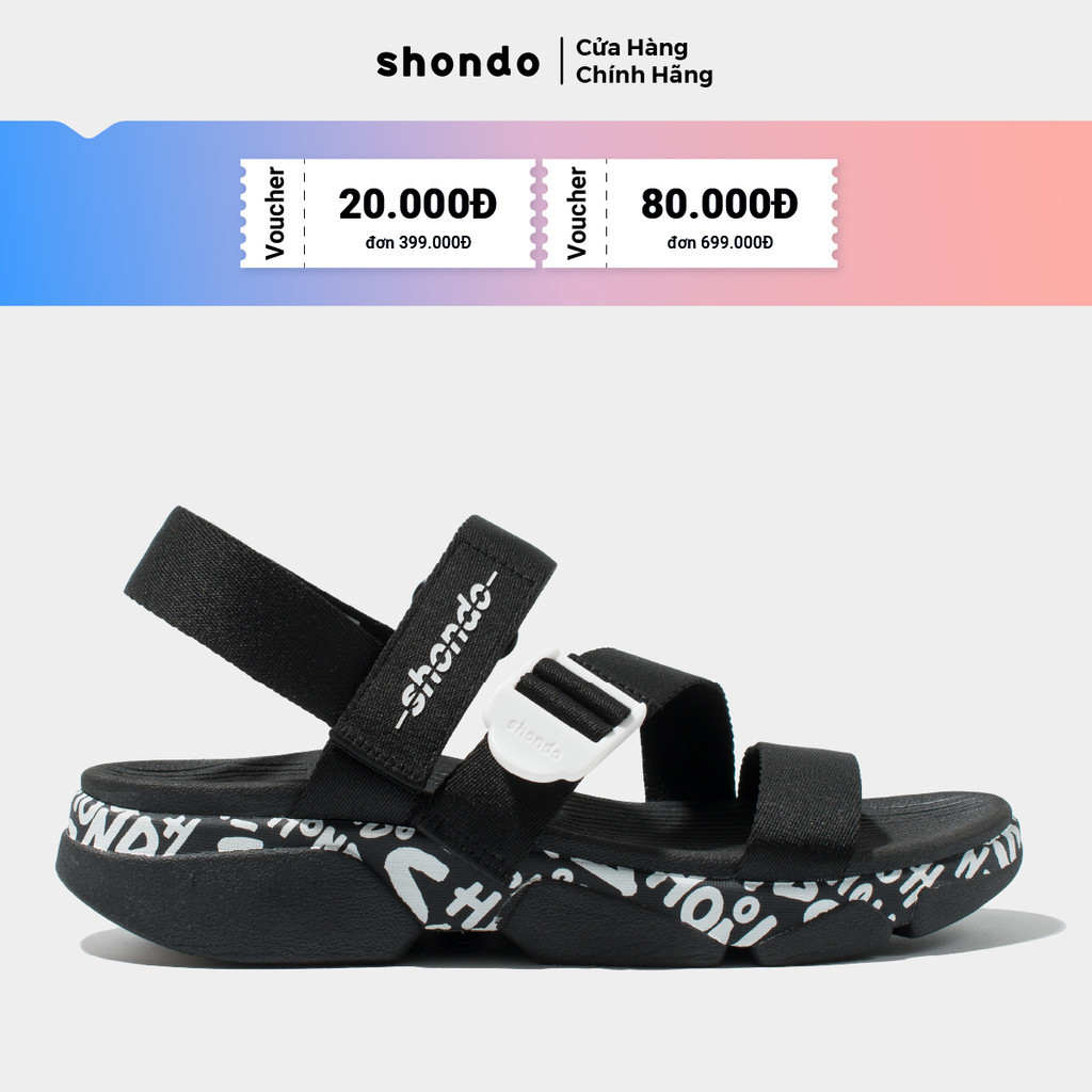 Giày Sandals Nam Nữ Unisex Shondo F7 Track Monogram Vẽ Tay Đen F7T1019