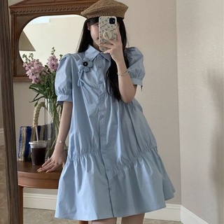 (Order) Đầm sơ mi babydoll bèo tầng tay phồng đính nhánh bông hoa xinh xắn