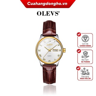 Đồng hồ Nữ OLEVS  chính hãng - Dây da nhân tạo màu nâu - Mặt tròn 29mm màu trắng