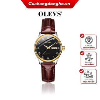 Đồng hồ Nữ OLEVS  chính hãng - Dây da nhân tạo màu nâu - Mặt tròn 29mm màu đen