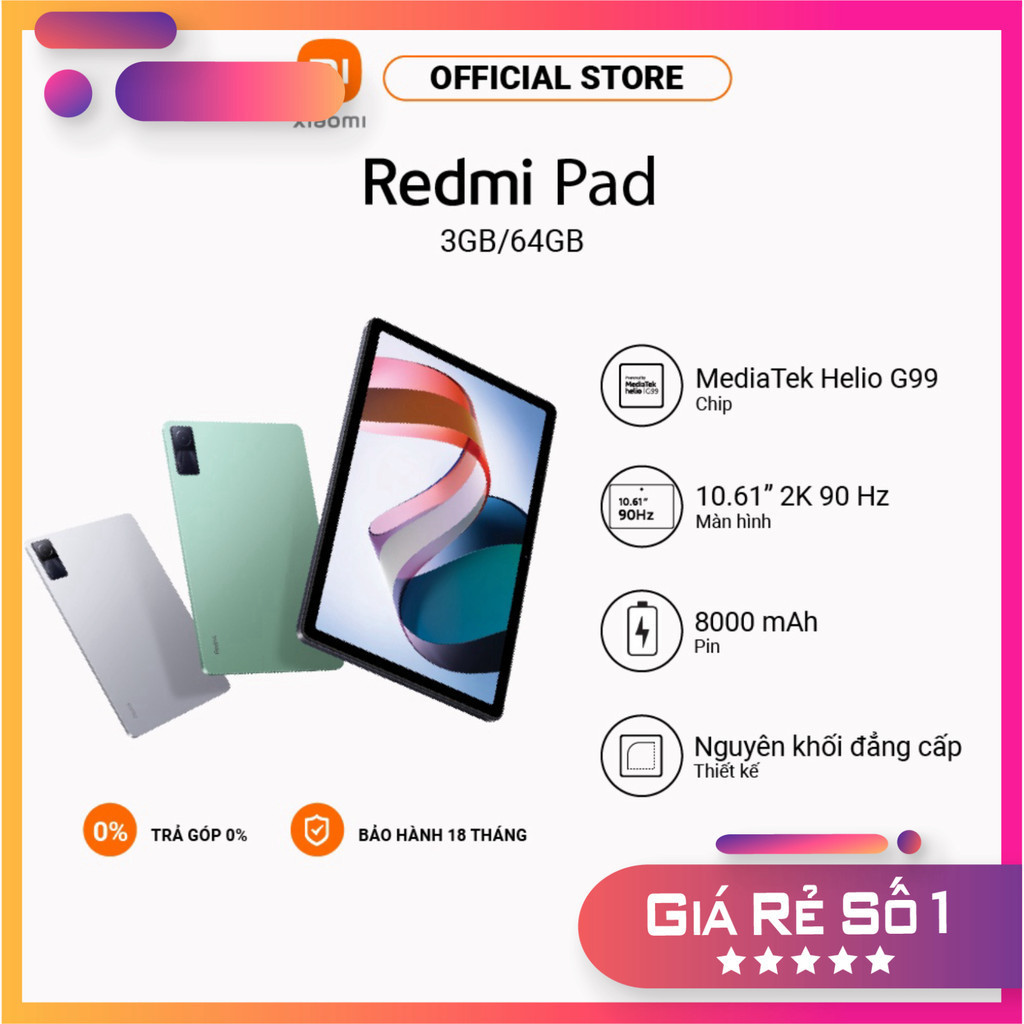  Máy tính bảng Redmi Pad | MediaTek Helio G99 | Pin 8000 mAh Sạc nhanh 18W - Tặng bao da