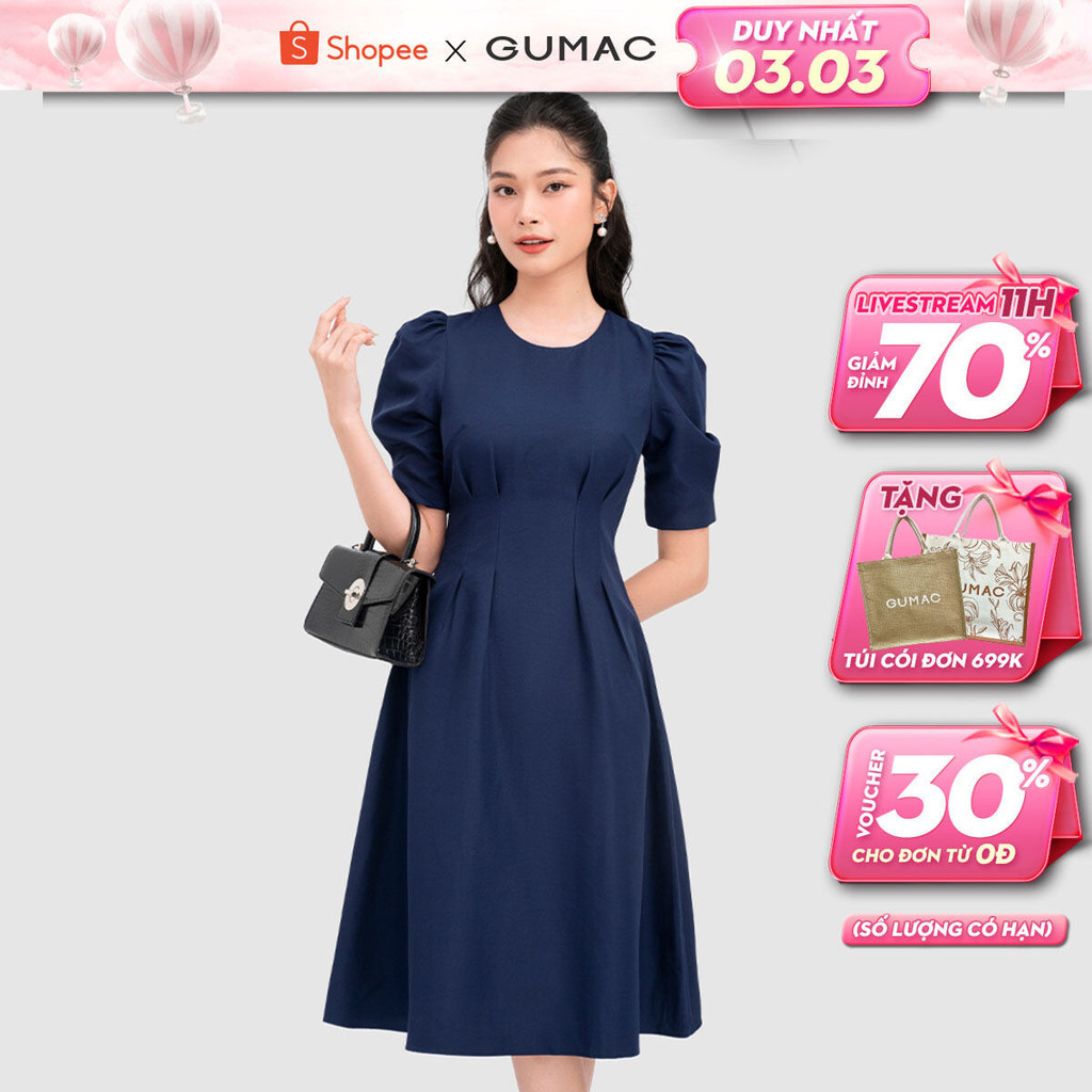 Đầm tay phồng chiết ly GUMAC DD04035