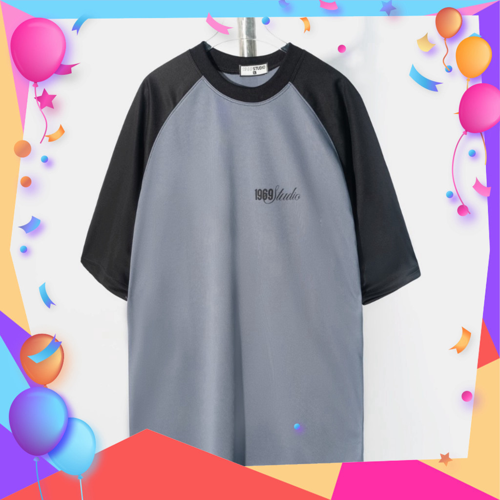 Naka Shop Áo Thun Raglan cổ hình tròn Phối Tay in logo nhãn hiệu 1969STUDIO Form Rộng Tay Lỡ Unisex 
