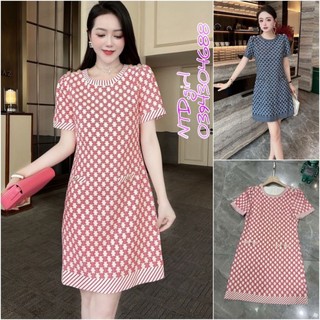 Hàng nhập - Đầm dáng suông kate lụa in logo tay ngắn cổ tròn, váy xuông Quảng Châu dạo phố trẻ trung