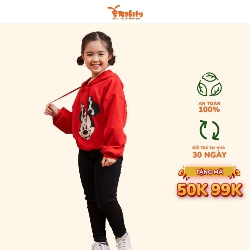 Áo hoodie nỉ bông có mũ in hình chuột Minnie bé gái Rabity áo khoác chui đầu cho trẻ em 5589