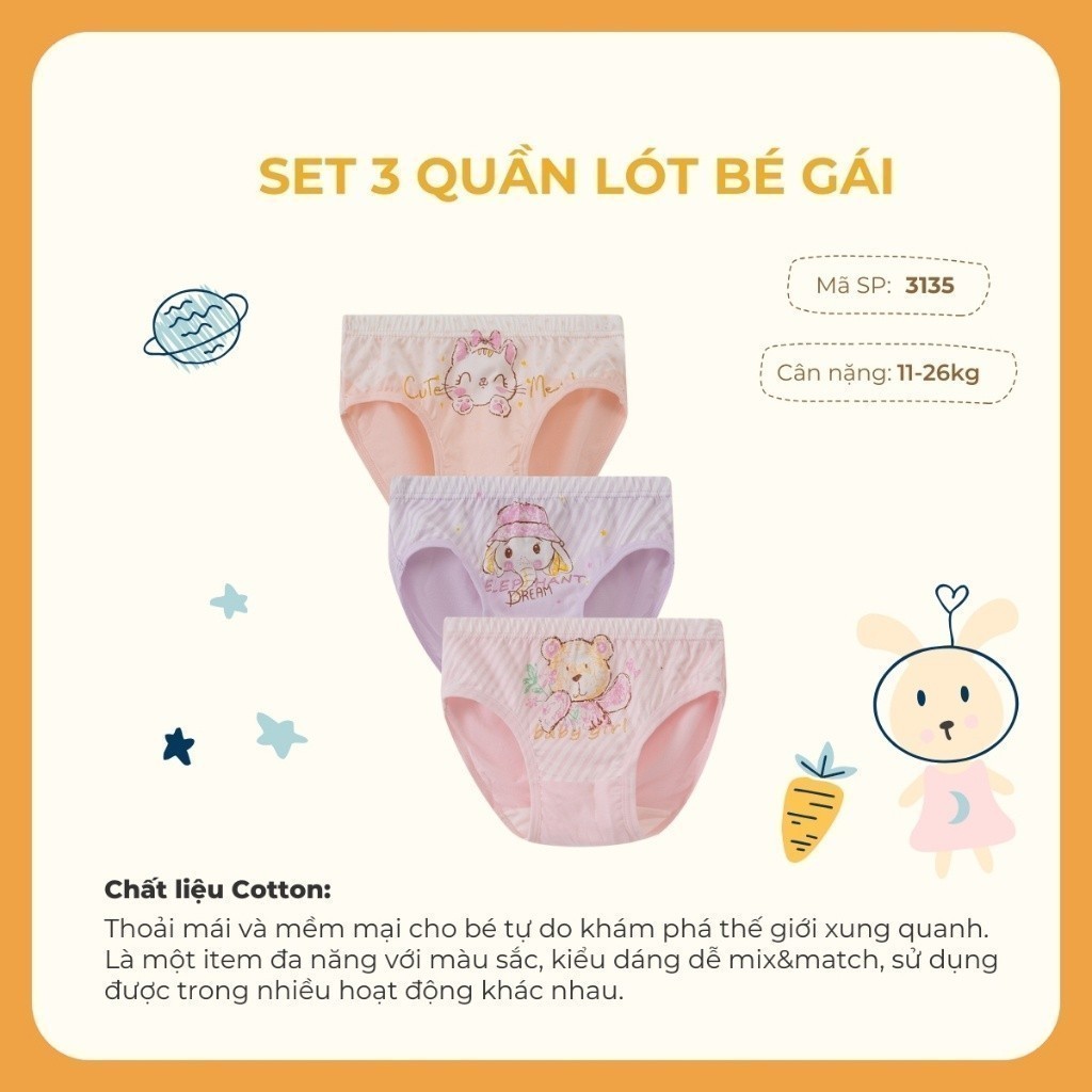 Set 3 quần lót bé gái Rabity quần chip trẻ em vải modal kháng khuẩn 3135