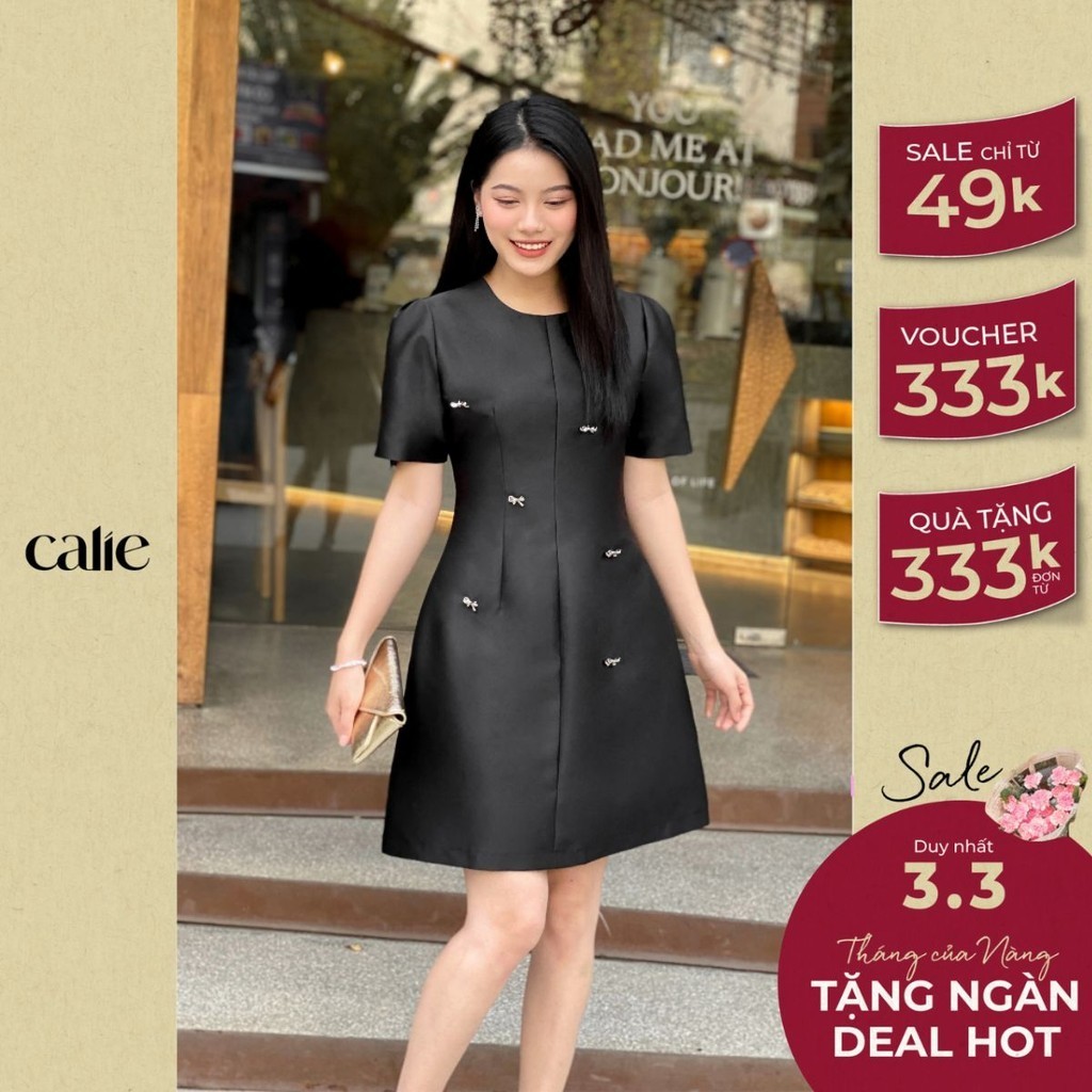 Váy nữ dáng A cổ tròn đính nơ đá nữ tính CALIE VA361