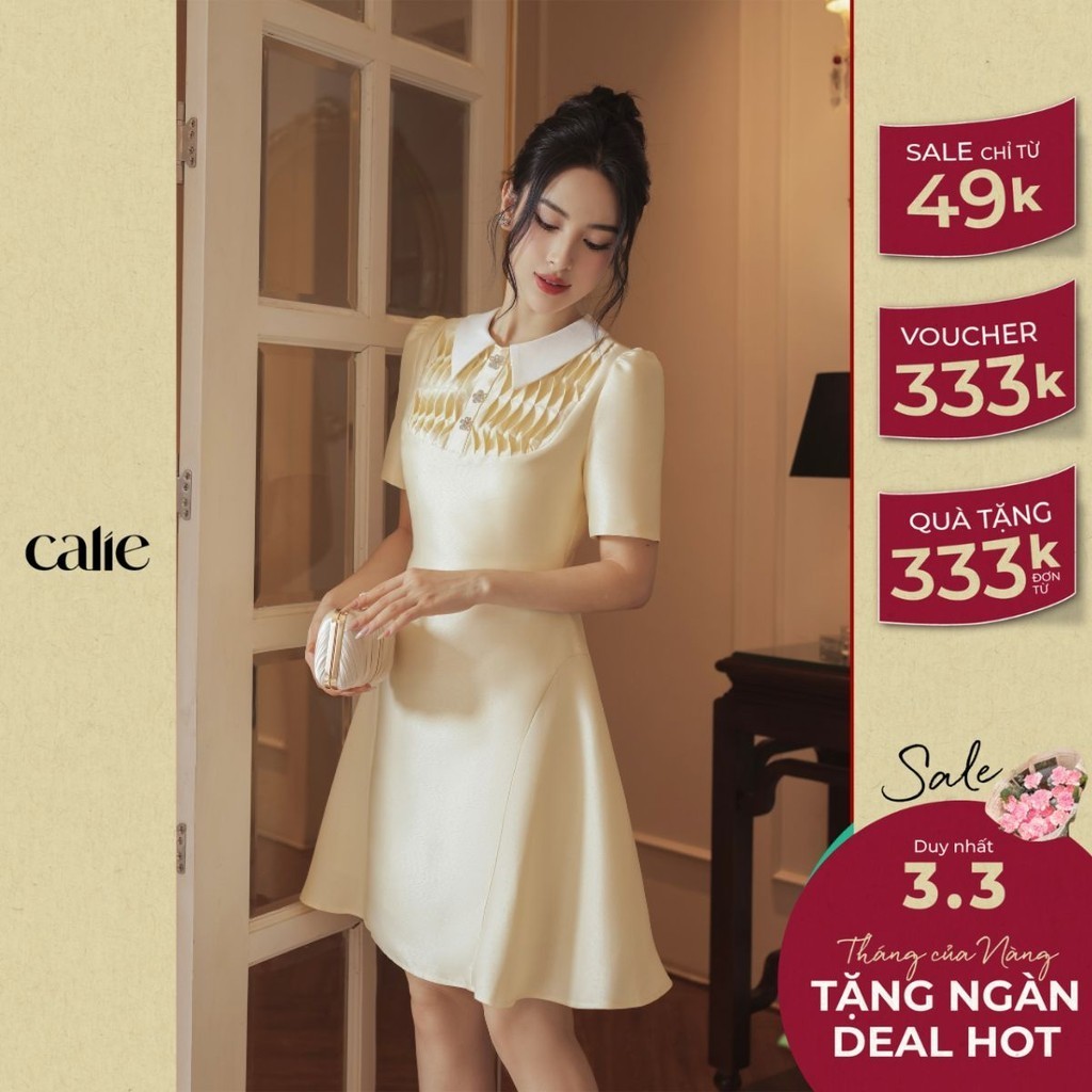 Đầm Dự Tiệc Thiết Kế CALIE Cổ Đức Dập Ly Sang Trọng, Thiết Kế Dáng Dài Xòe, Tay Lỡ Thắt Eo Thanh Lịch VX157