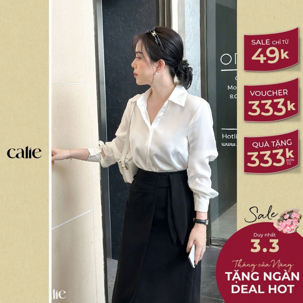 Áo sơ mi lụa nữ cổ đức dài tay form rộng dáng basic giấu khuy 3 màu thanh lịch thời trang công sở Calie House AS261