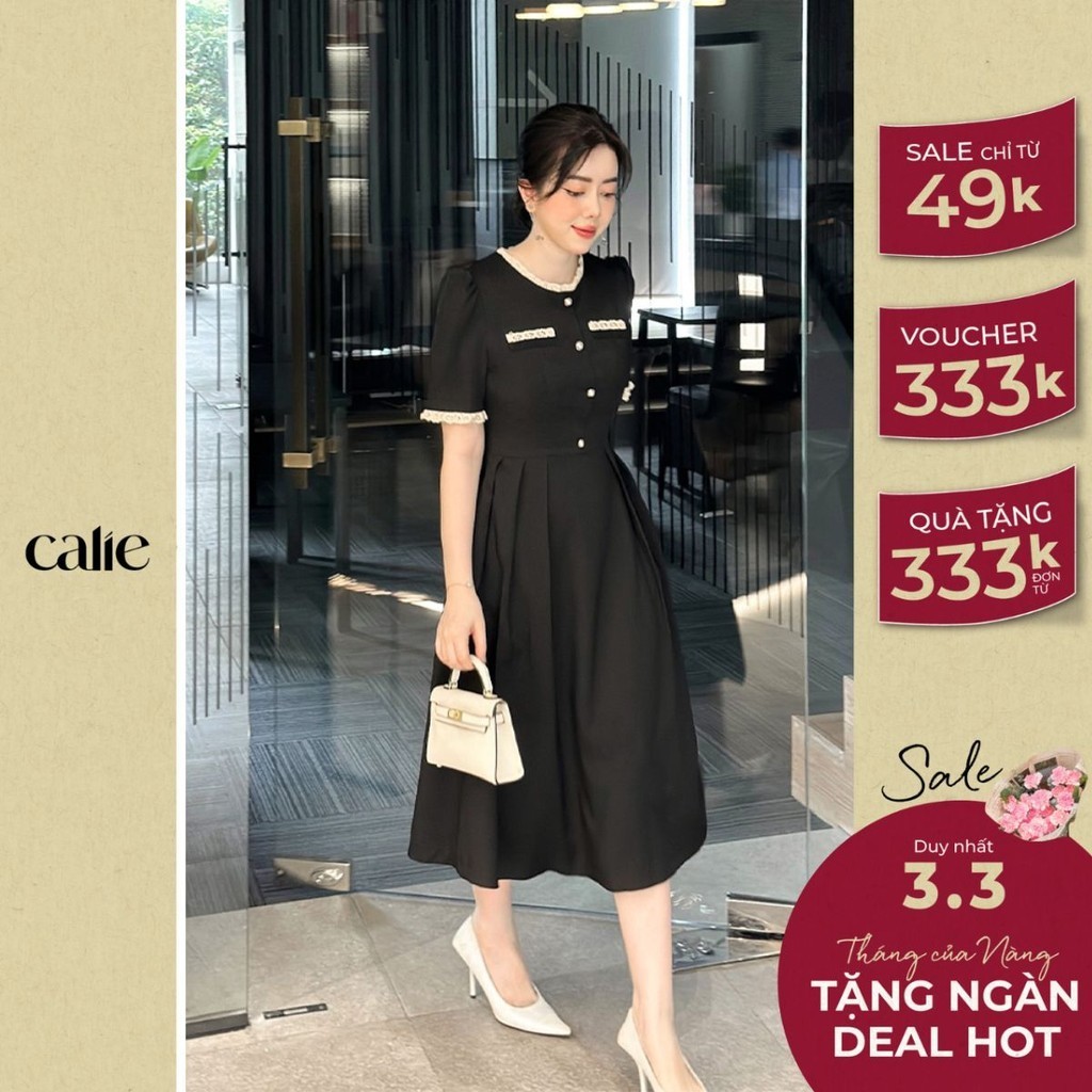 Váy nữ dáng xòe phối ren túi cơi ngực CALIE VX142