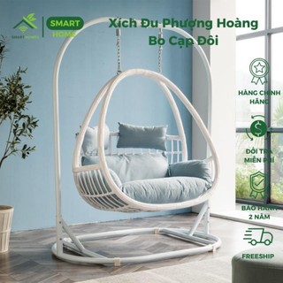 Xích Đu Phượng Hoàng SMARTHOMES Bo Cạp Đôi Đen Khung Sắt Sơn Tĩnh Điện Cuốn Mây Nhựa Cao Cấp trang trí sân vườn