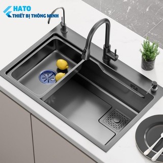 Chậu rửa bát 1 hố hato inox 304 kích thước 75*45cm, bồn rửa chén 1 ngăn lớn nano chống xước kèm chậu nhỏ, thớt, xiphong