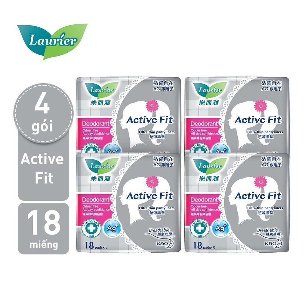 Combo 4 Băng vệ sinh hàng ngày Laurier Active Fit khử mùi kháng khuẩn 18 miếng