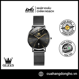 Đồng hồ Nữ OLEVS 5869 chính hãng máy Nhật - Dây thép không gỉ màu đen - Mặt tròn 33mm màu đen siêu mỏng 6.5mm