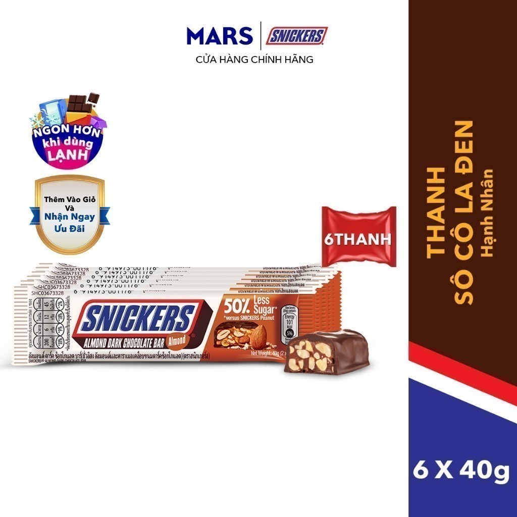 Combo 6 Kẹo Sô Cô La Snickers Hạnh nhân Giảm đường thanh 40g