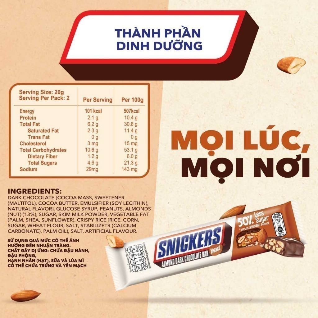 Combo 6 Kẹo Sô Cô La Snickers Hạnh nhân Giảm đường thanh 40g