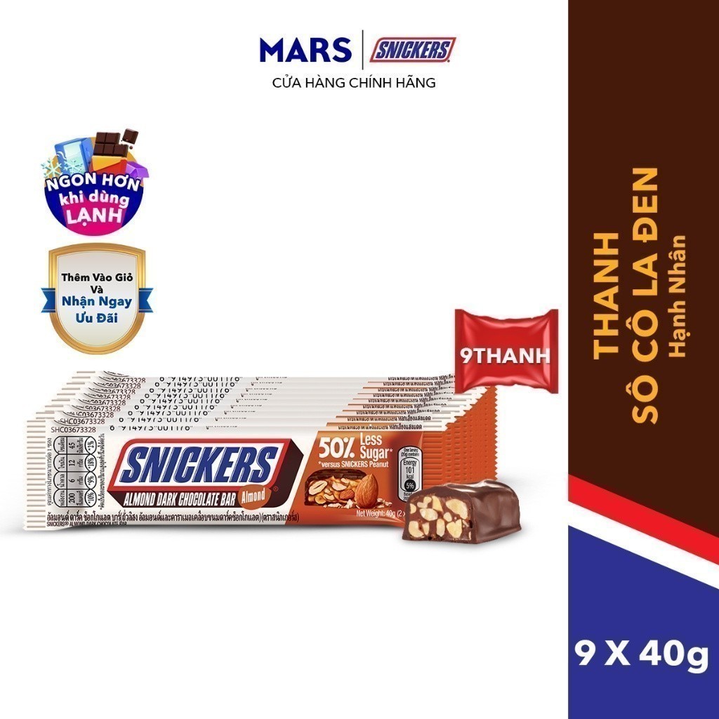 Combo 9 Kẹo Sô Cô La Snickers Hạnh nhân Giảm đường thanh 40g