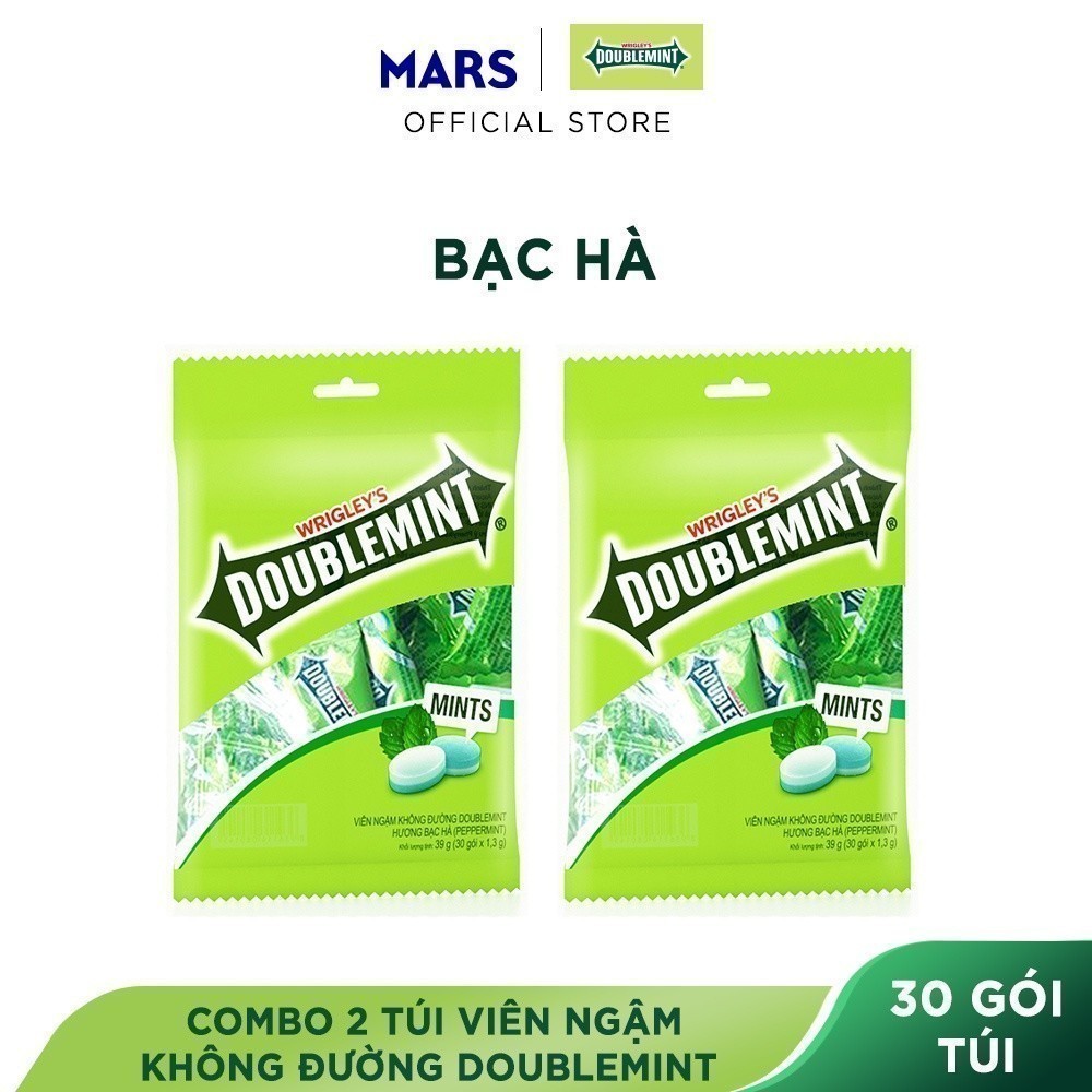 Combo 2 Túi Viên Ngậm Không Đường Doublemint Hương Bạc Hà Túi 30 Gói 2 Viên