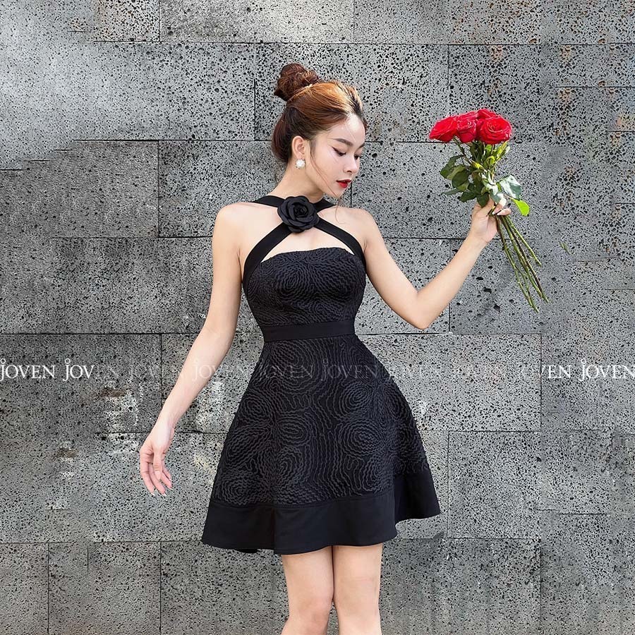 UPTO60% + VC60K || Đầm ren cổ X Joven đen/kem dây chéo cổ ( không kèm hoa) váy mini thiết kế ren hoạ tiết hoa sang chảnh
