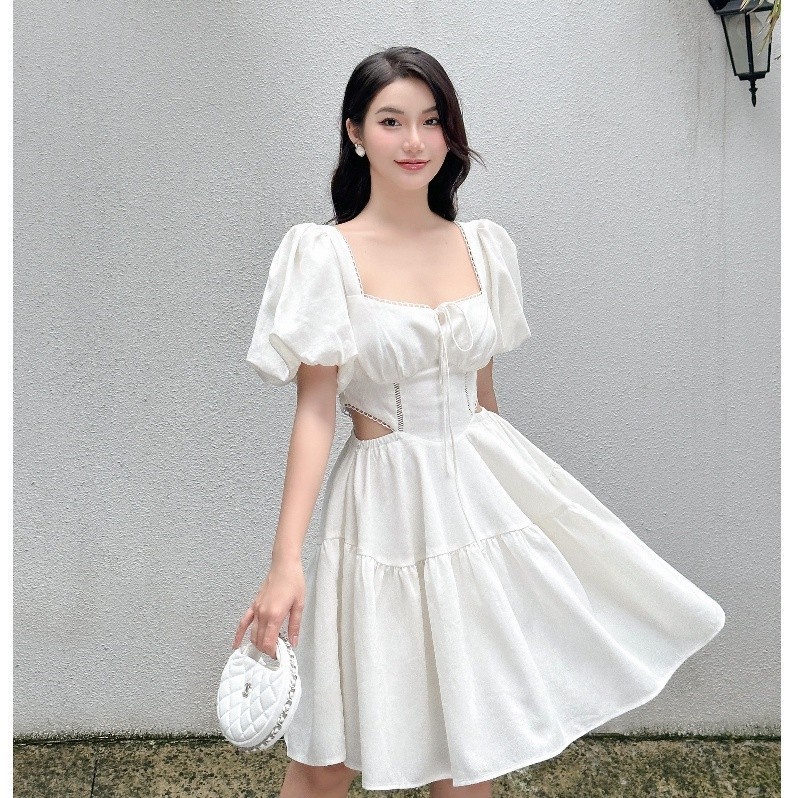 UPTO50% + VC60K || JOVEN Đầm linen cút eo viền ren màu trắng