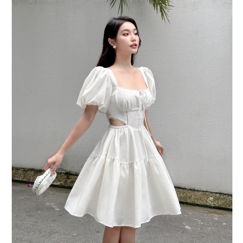 UPTO50% + VC60K || JOVEN Đầm linen cút eo viền ren màu trắng