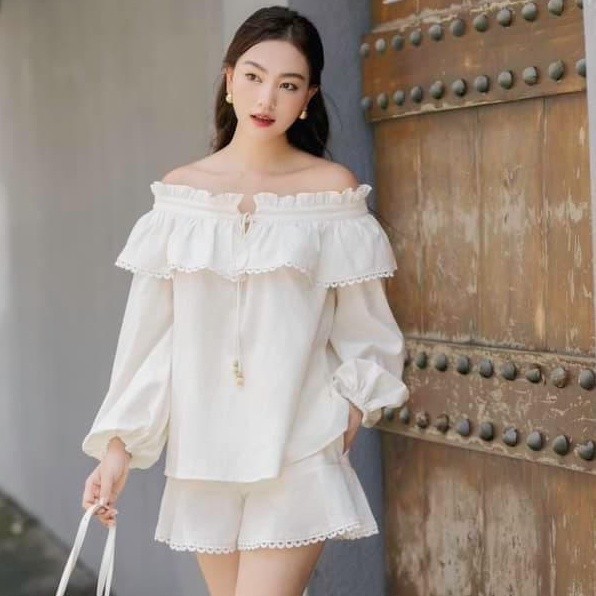 UPTO60% + VC60K || JOVEN Set Linen Áo Trễ Vai Tay Phồng Phối Quần Ngắn Trẻ Trung Nữ Tính