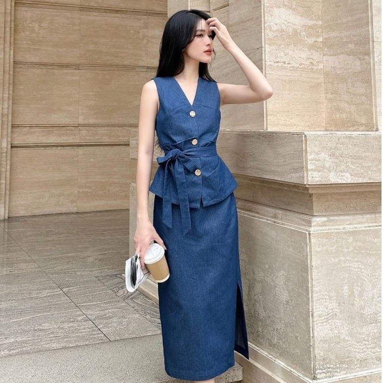 UPTO50% + VC60K || JOVEN Set Denim Anna Áo Gile Phối Chân Váy Bút Chì Dáng Dài Thanh Lịch Trẻ Trung