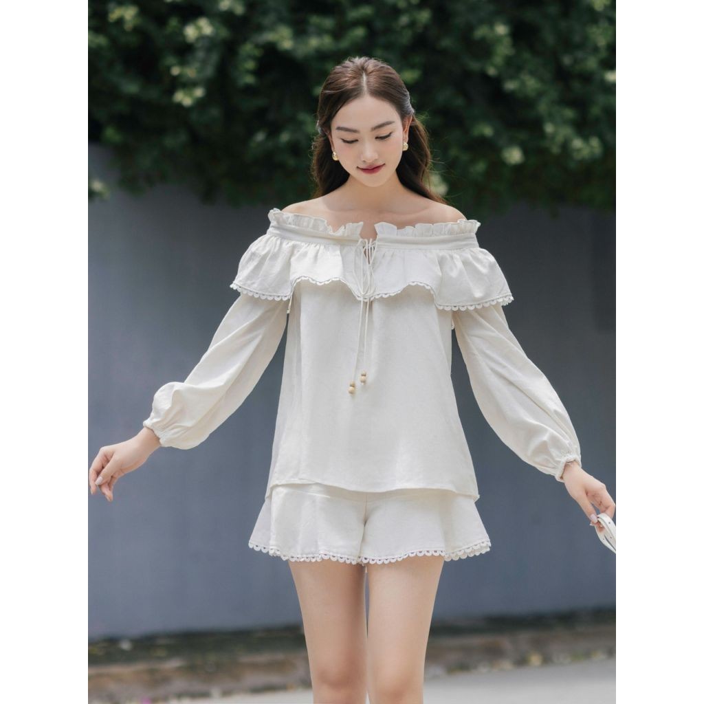 UPTO60% + VC60K || JOVEN Set Linen Áo Trễ Vai Tay Phồng Phối Quần Ngắn Trẻ Trung Nữ Tính